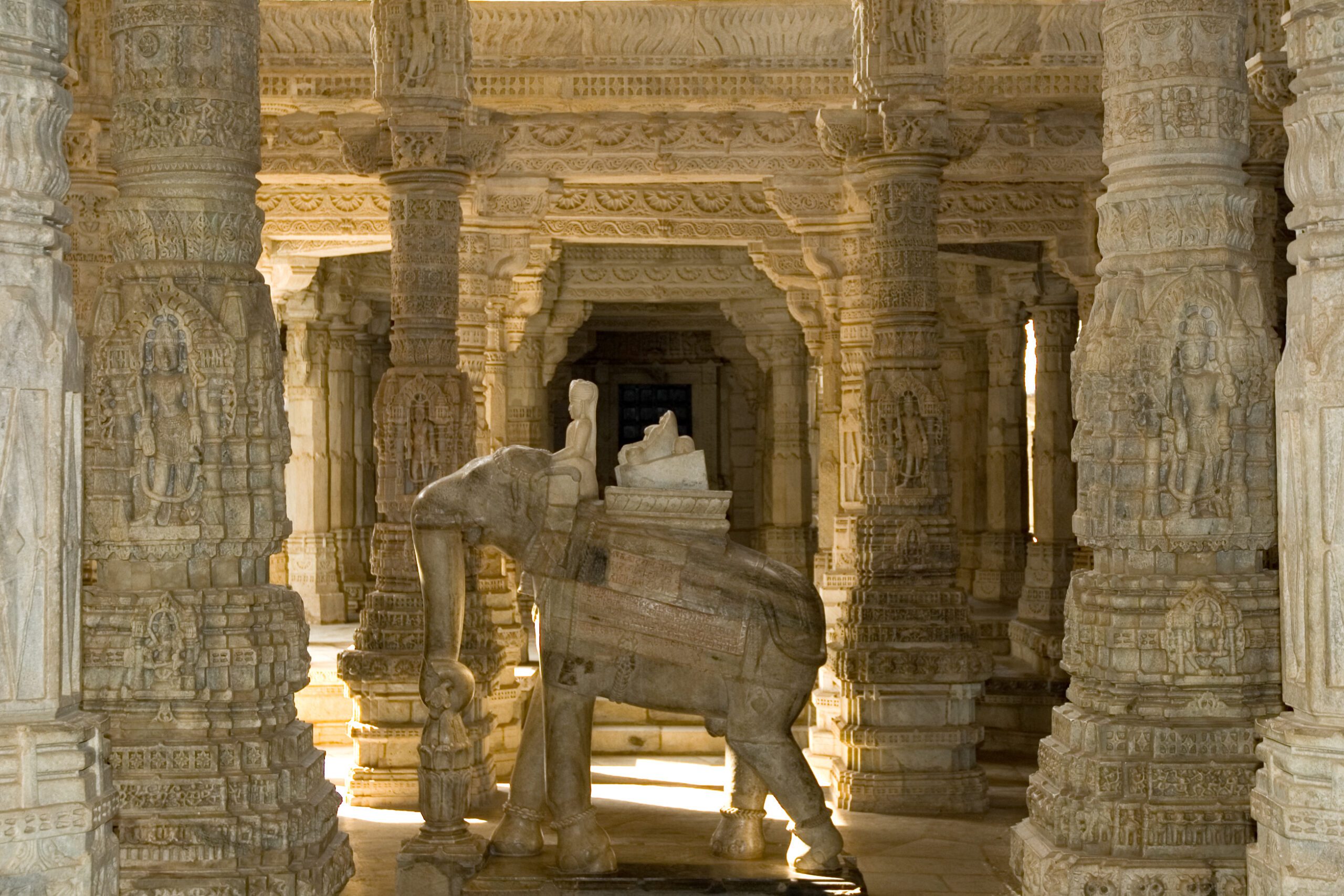 Detailed carving of an elephant at Ranakpur Jain Temple